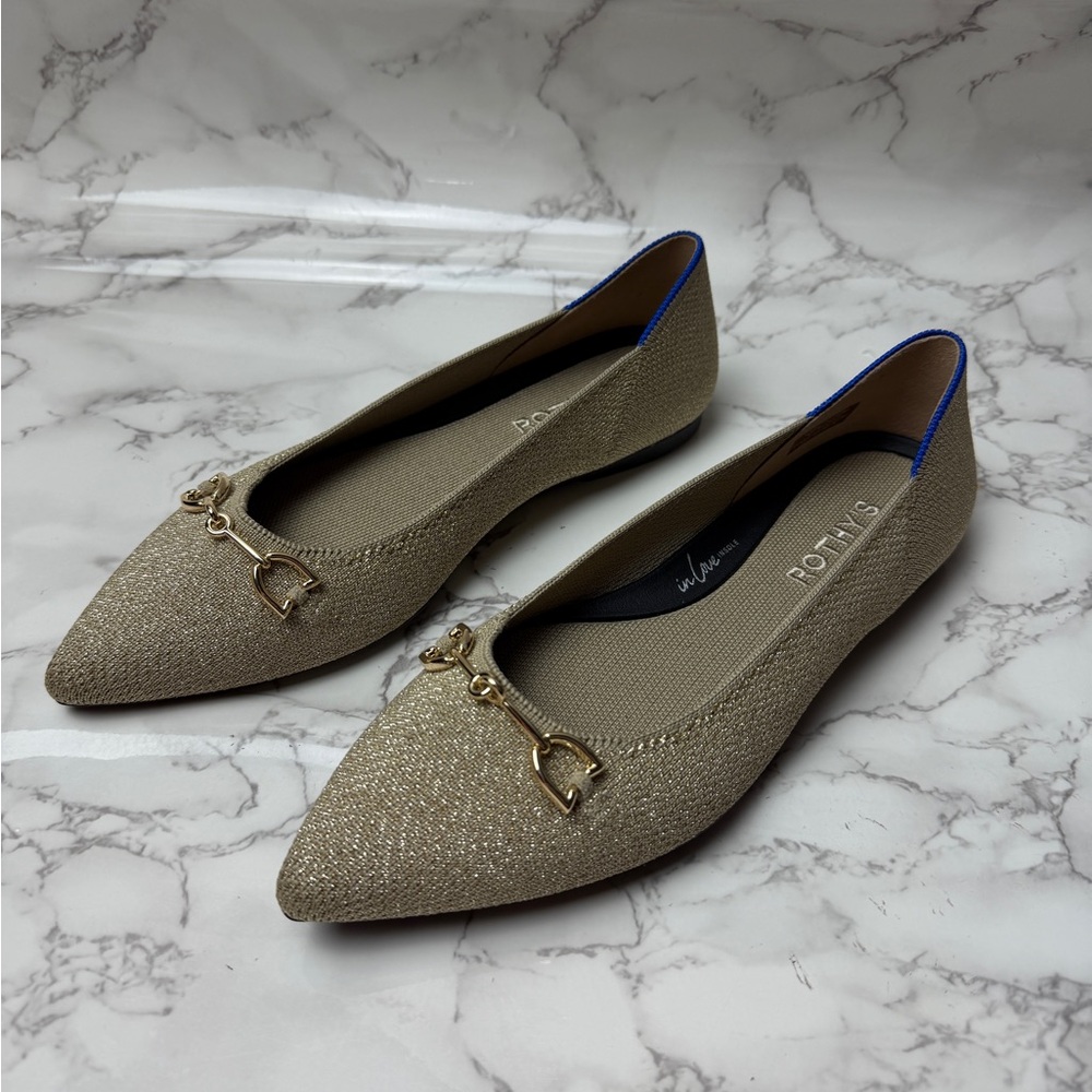 Rothy's Gold Metallic Pointed Toe Flats with Blue Trim